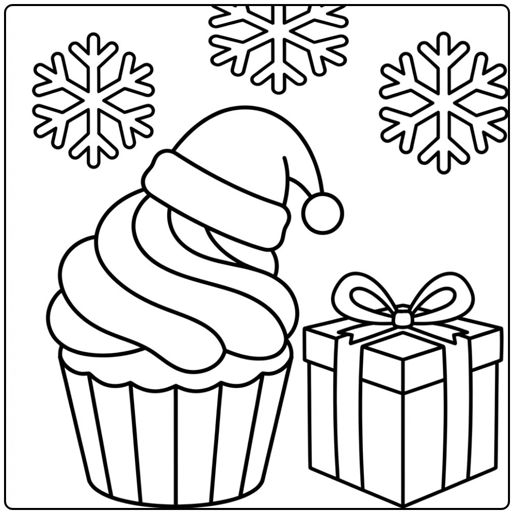 Feestelijke unicorn cupcake kleurplaat met een kerstmuts.