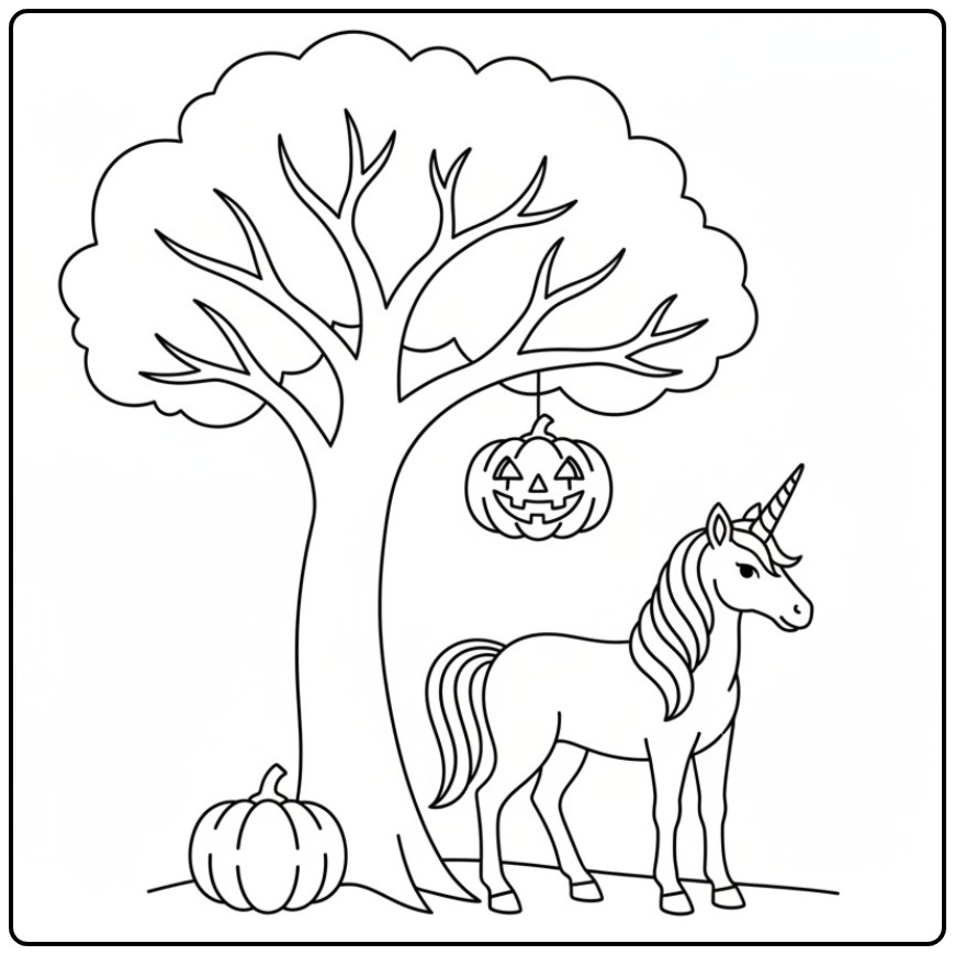 Een lieve unicorn halloween kleurplaat met enge pompoenen.