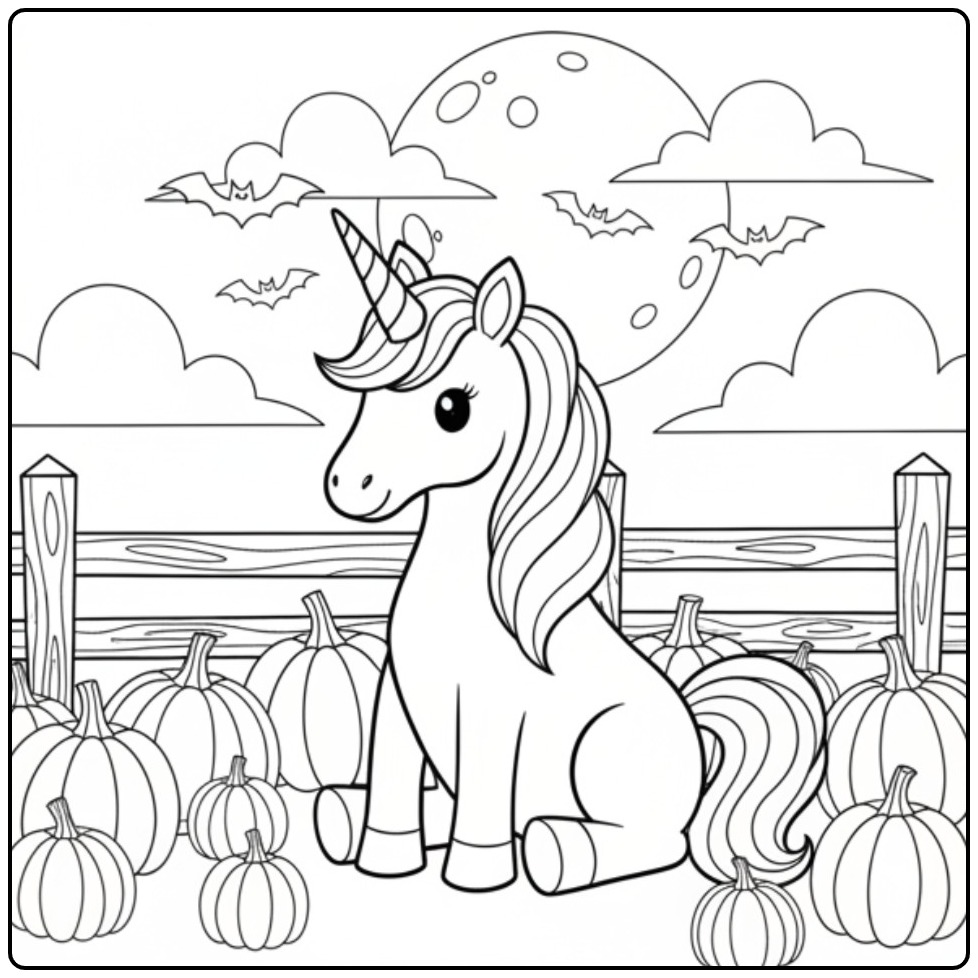Een schattige unicorn halloween kleurplaat in een pompoenveld.