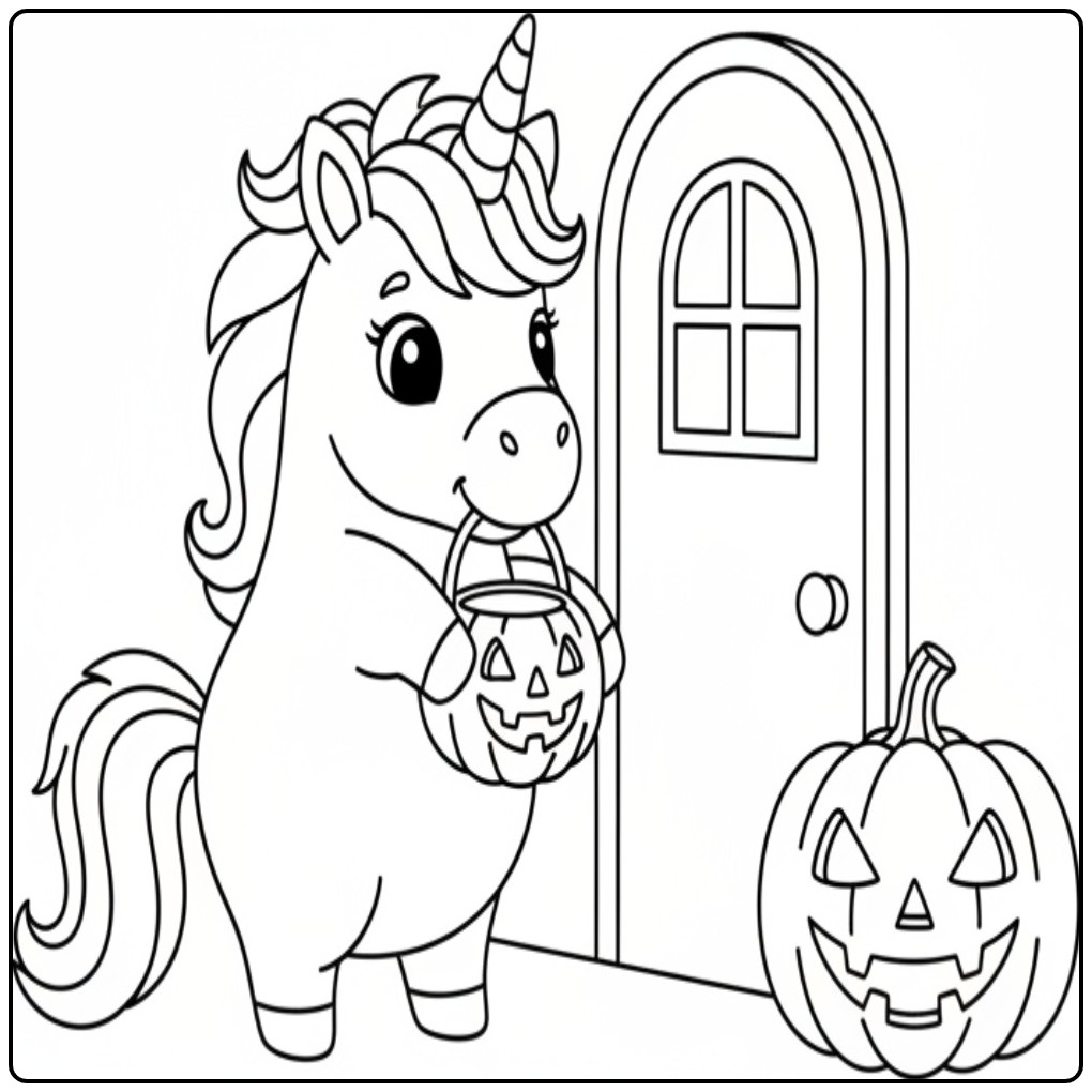 Schattige unicorn halloween kleurplaat met een pompoenmandje.