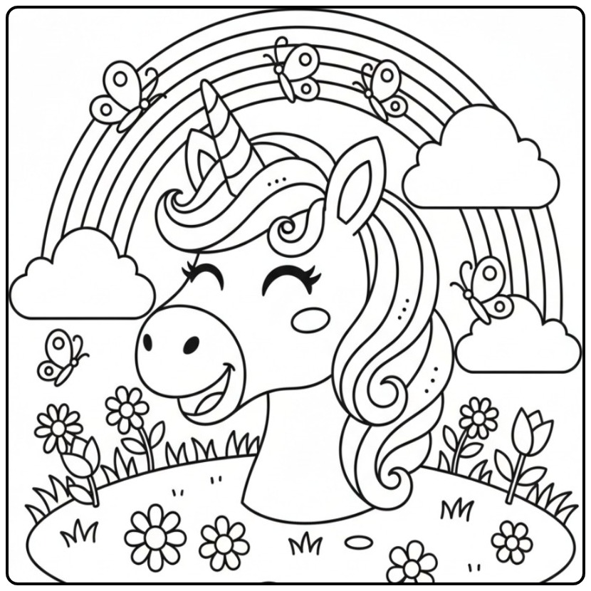 Vrolijk Unicorn hoofd en regenboog kleurplaat met vlinders.