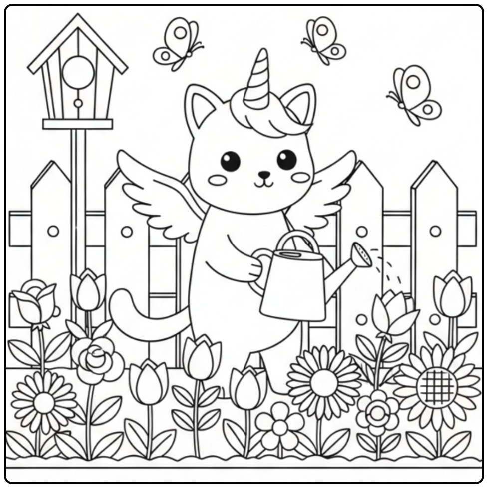 Een vrolijke unicorn kat kleurplaat die de bloemen water geeft.