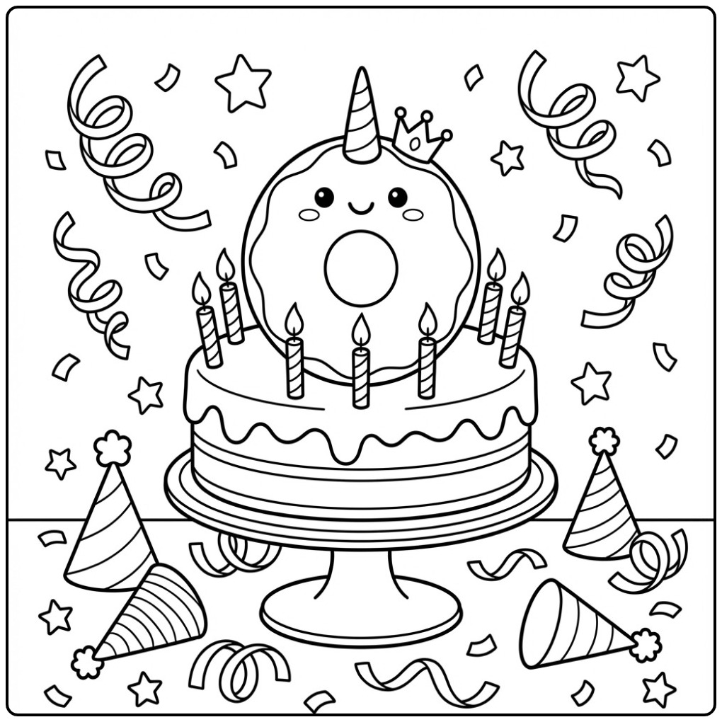 Schattige Verjaardag donut eenhoorn kleurplaat met taart.