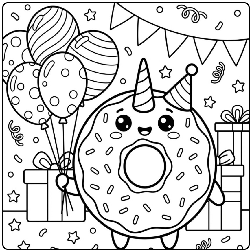 Een schattige Verjaardag donut eenhoorn kleurplaat met ballonnen.