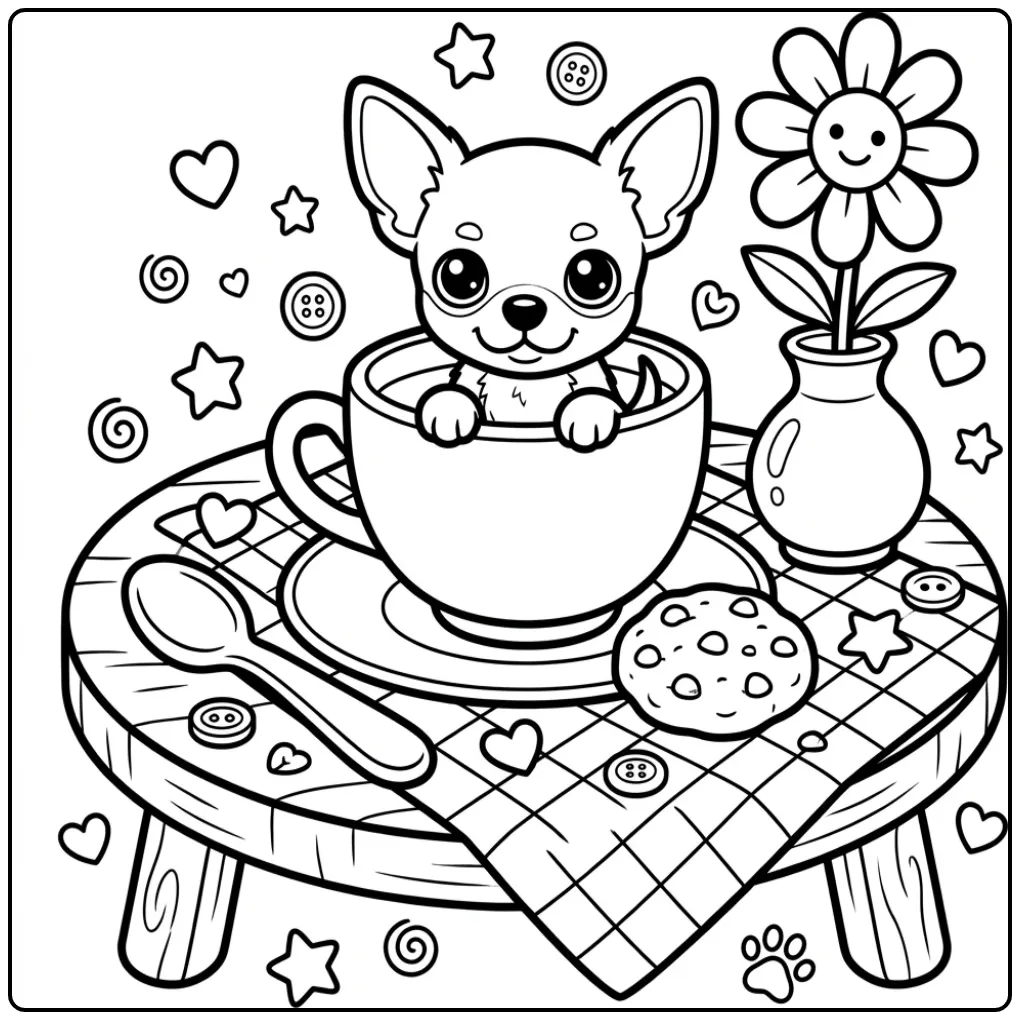 Schattige puppy kleurplaat makkelijk van chihuahua in theekop.