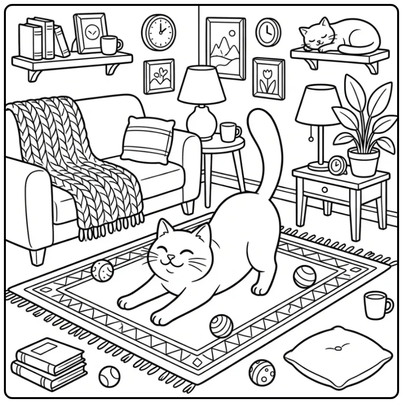 Schattige kleurplaat kat rekt zich uit op een vloerkleed.