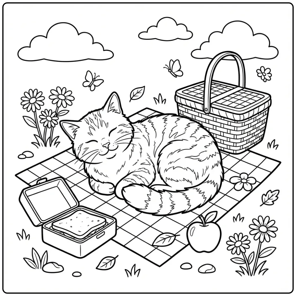 Schattige kleurplaat kat slapend op een picknickkleed.