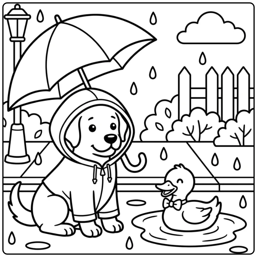 Een schattige Labrador met een eendje, kleurplaat hond makkelijk.