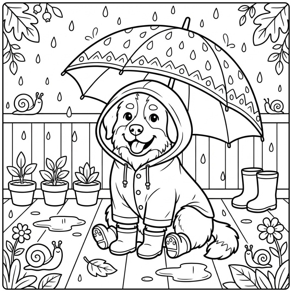 Vrolijke berner sennen kleurplaat met een regenjas aan.