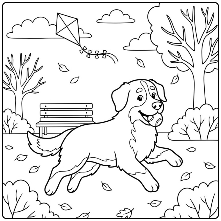 Vrolijke berner sennen kleurplaat van een hond in het park.