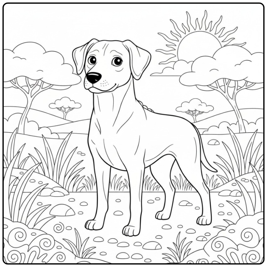 Een avontuurlijke kleurplaat hond moeilijk van een Ridgeback.