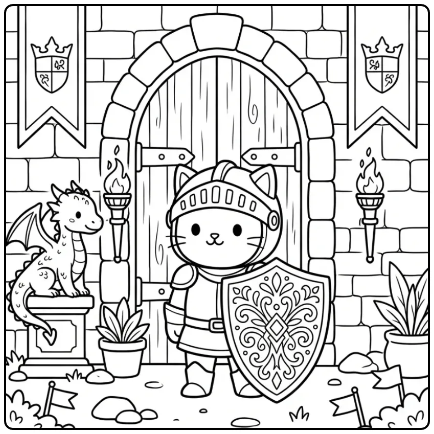Gedetailleerde kleurplaat kat moeilijk met schild en draak.