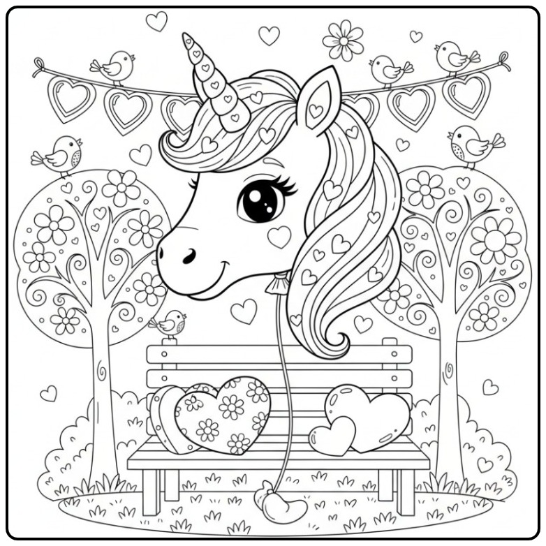 Leuke Kleurplaat unicorn hoofd Valentijn ballon in een park.