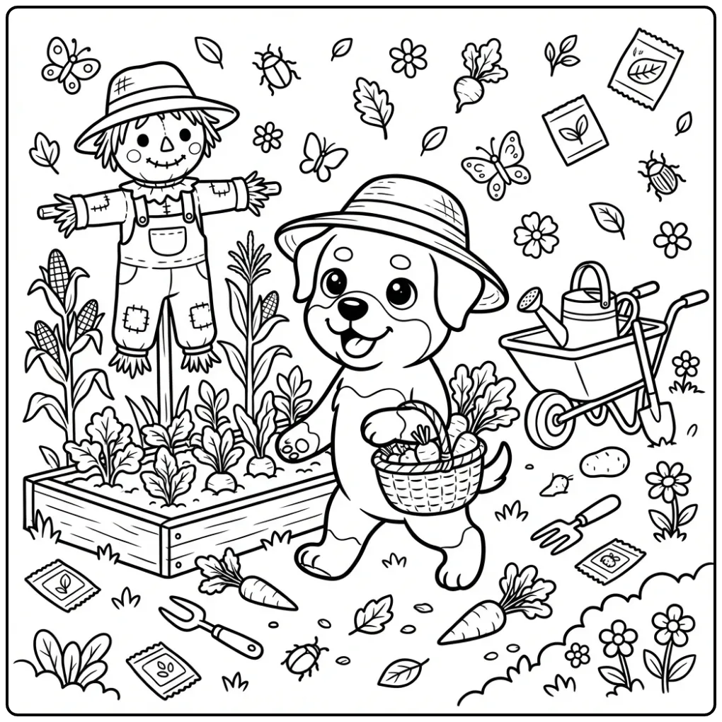Schattige Rottweiler kleurplaat puppy als tuinier met mand.