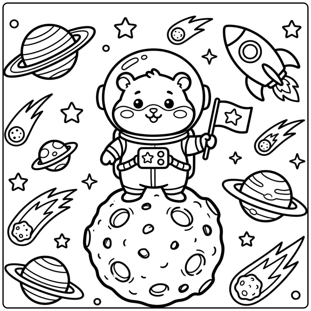Astronaut baby hamster kleurplaat met raket en sterren