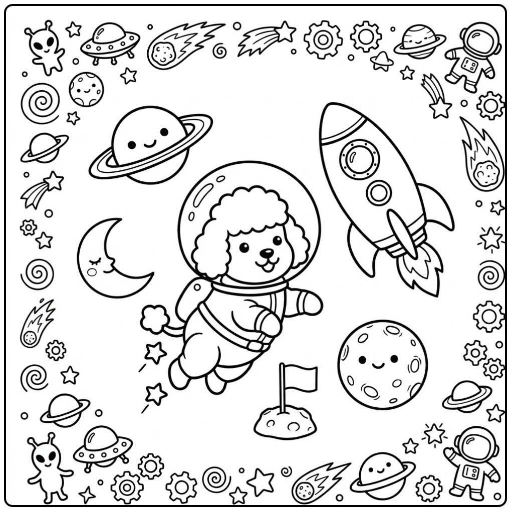 Een schattige kleurplaat poedel als astronaut in de ruimte.