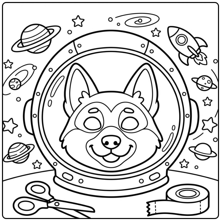Duitse Herder als astronaut, een leuke honden masker kleurplaat.