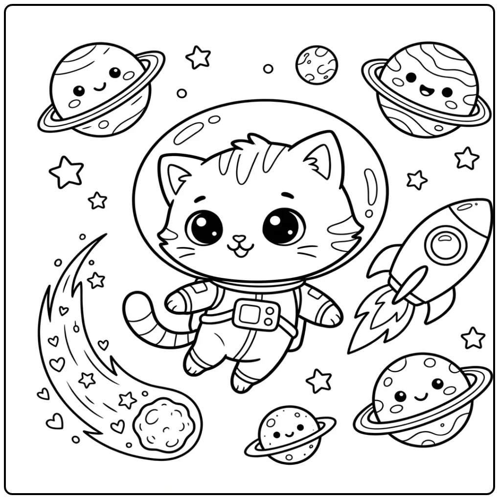 Schattige astronaut kawaii kleurplaat kitten in de ruimte.
