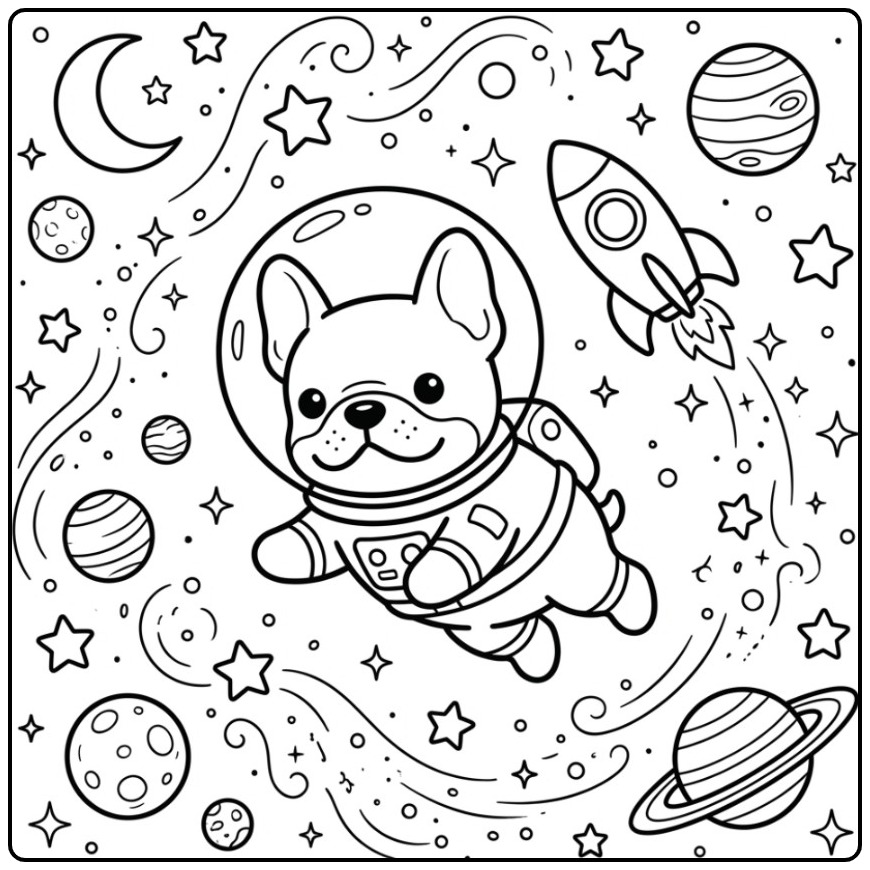 Schattige kleurplaat franse bulldog als astronaut in de ruimte.