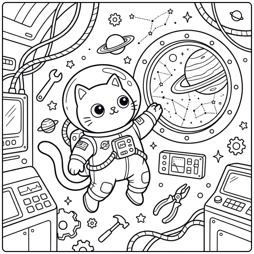 Gedetailleerde kleurplaat kat moeilijk als astronaut in de ruimte.