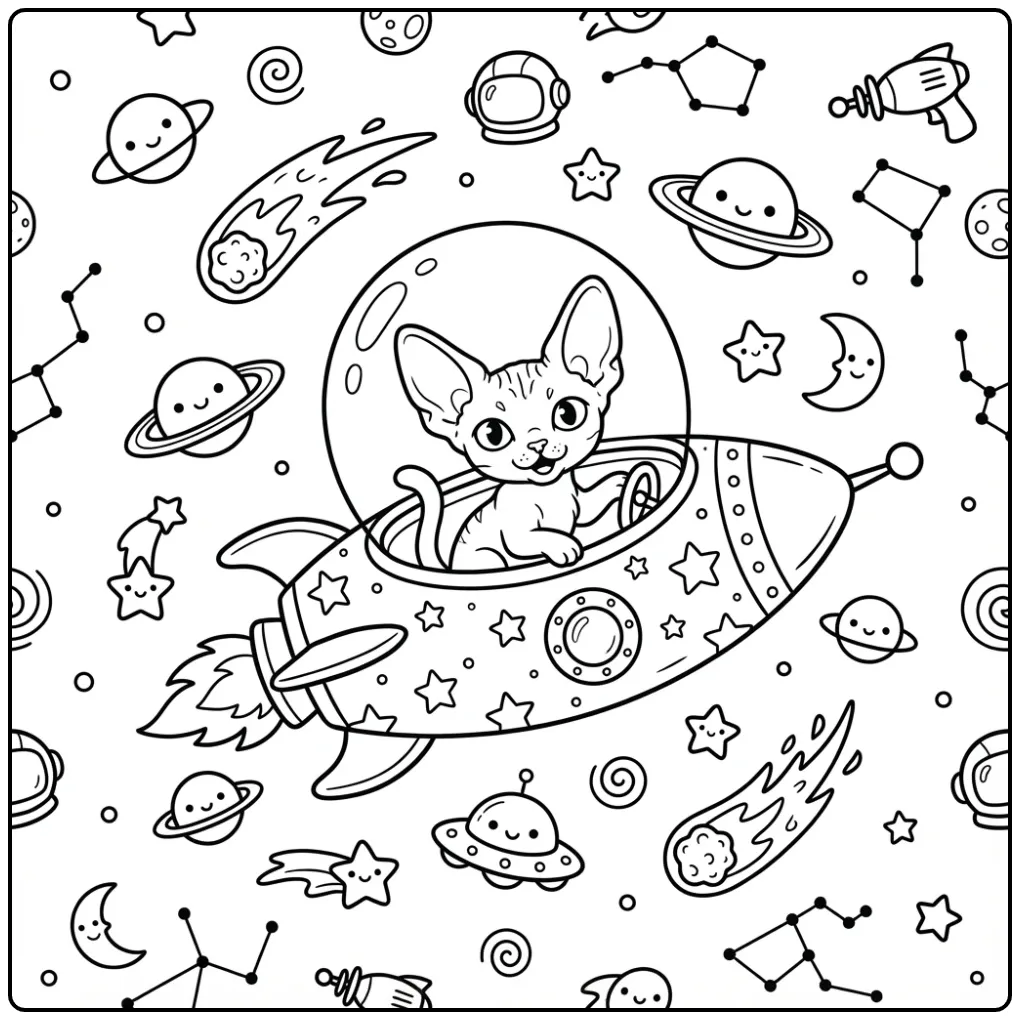 Devon Rex in raket, kleurplaat kitten schattig en sterren