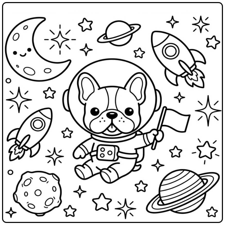 Een schattige franse bulldog kleurplaat als astronaut in de ruimte.