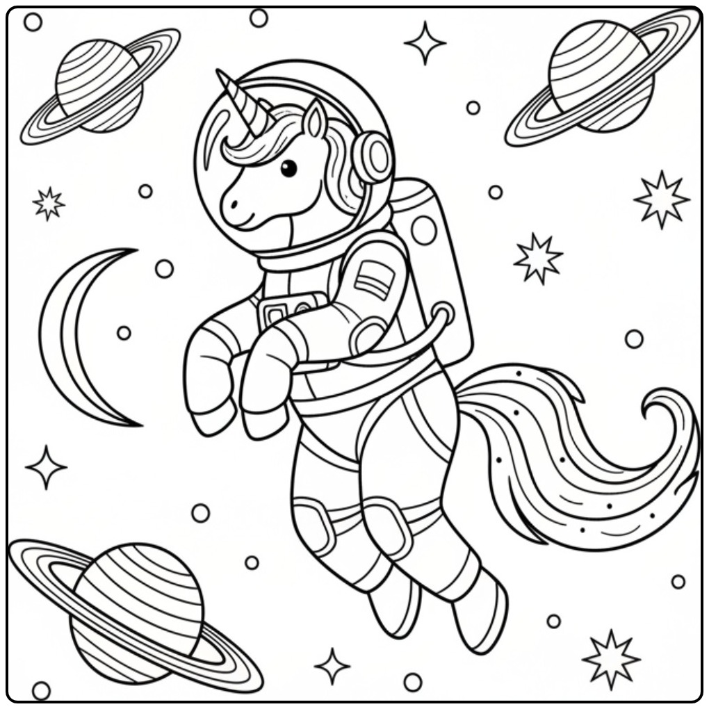 Een schattige eenhoorn astronaut, een unicorn kleurplaat makkelijk.