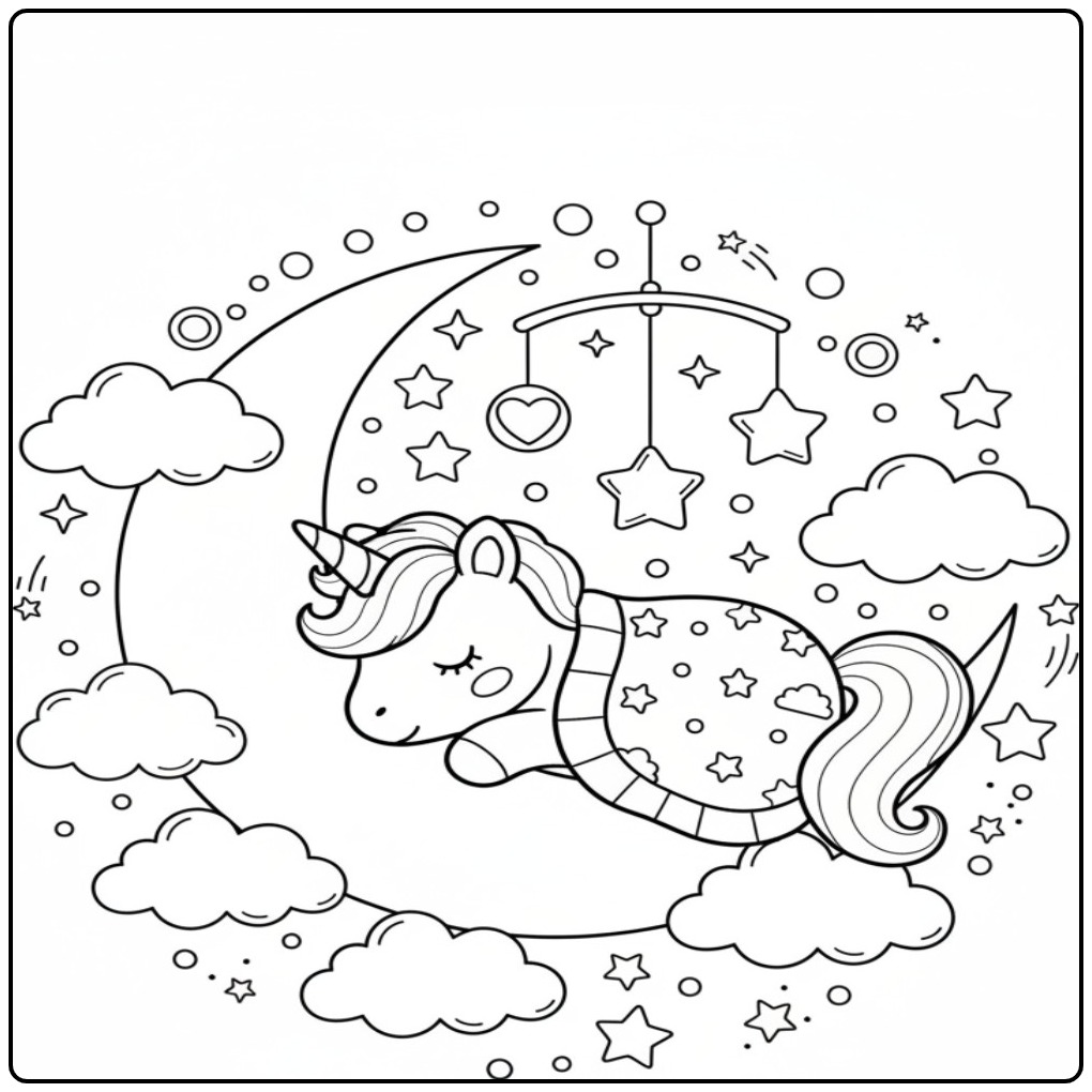 Schattige baby unicorn kleurplaat slaapt op de maan met sterren.
