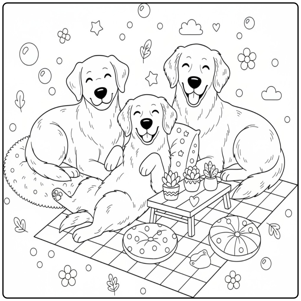 Gedetailleerde honden kleurplaat moeilijk met drie retrievers.