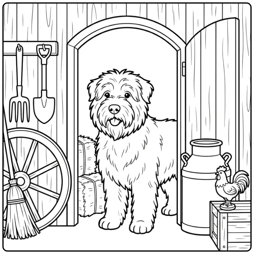 Een Bouvier bewaakt de boerderij, kleurplaat hond volwassenen.