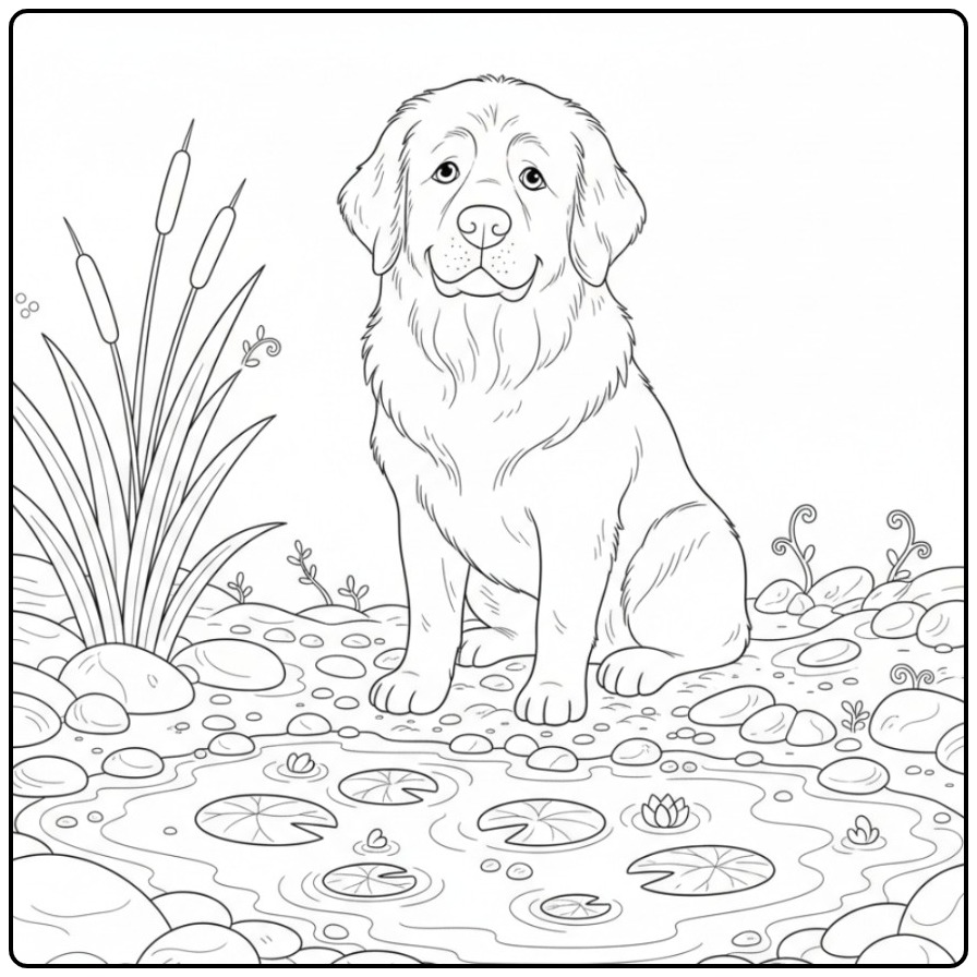 Een gedetailleerde kleurplaat hond moeilijk van een Newfoundland.