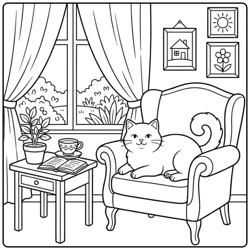 Gezellige kleurplaat kat voor volwassenen op een stoel