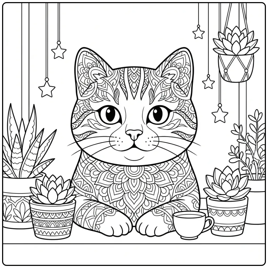 Schattige kleurplaat mandala kat bij het raam met plantjes.