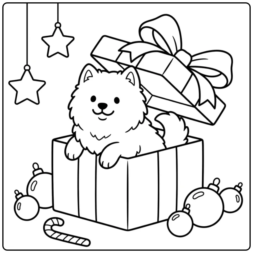 Leuke Samojeed in doos, puppy kleurplaat makkelijk