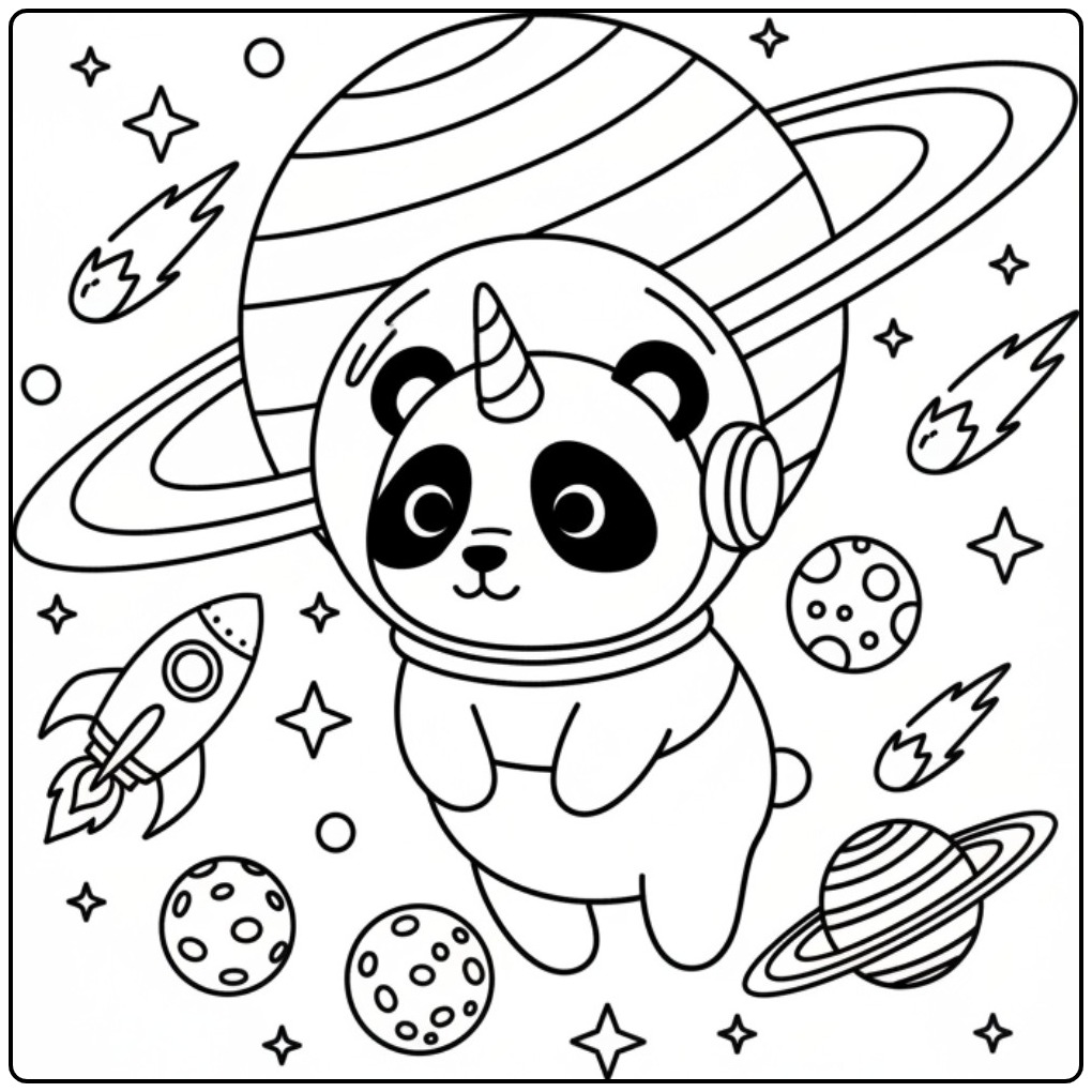 Een leuke unicorn panda kleurplaat met planeten en een raket.