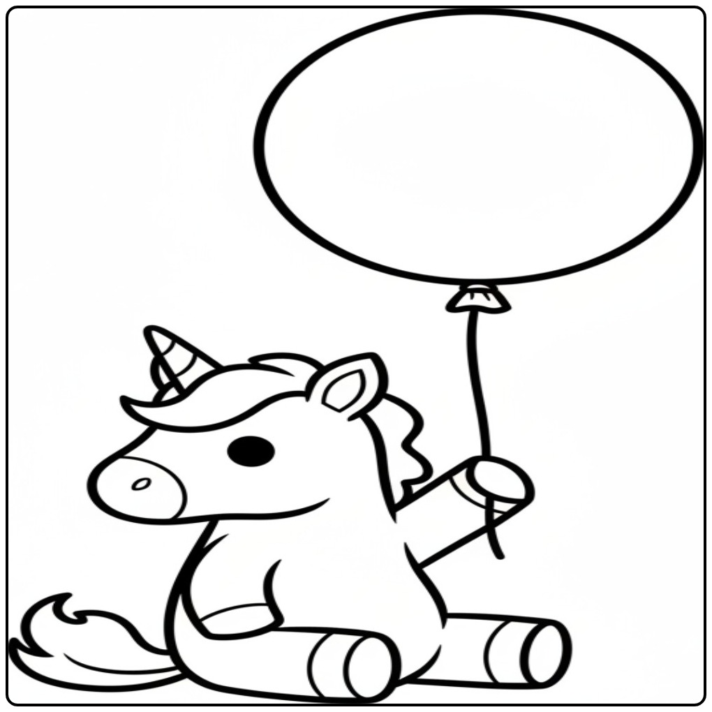 Een zittende baby unicorn kleurplaat met een grote ballon.