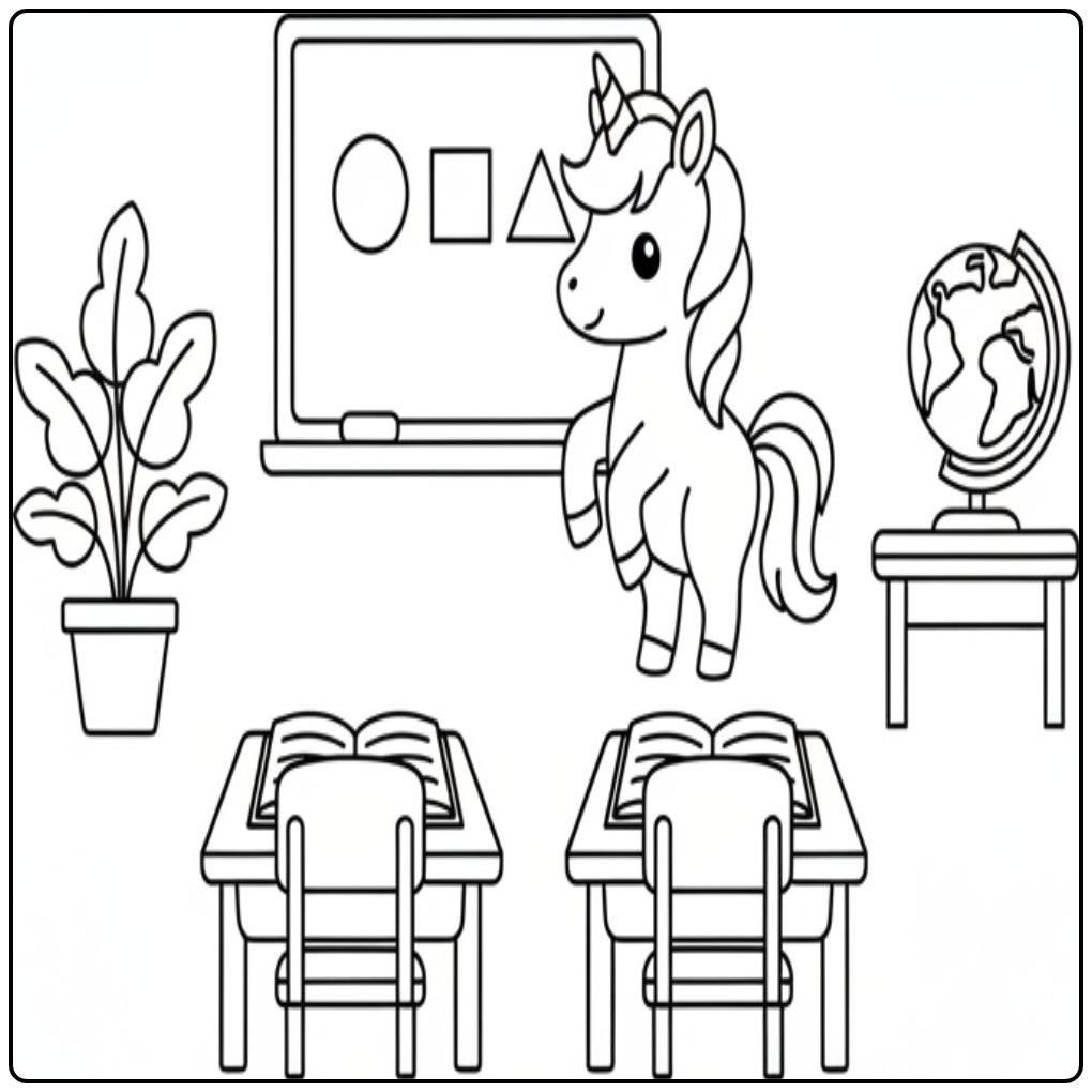 Een lachende baby unicorn kleurplaat in een leuk klaslokaal.
