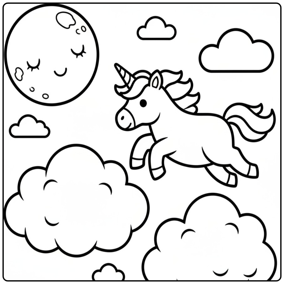 Vliegende baby unicorn kleurplaat met een maan en wolken.