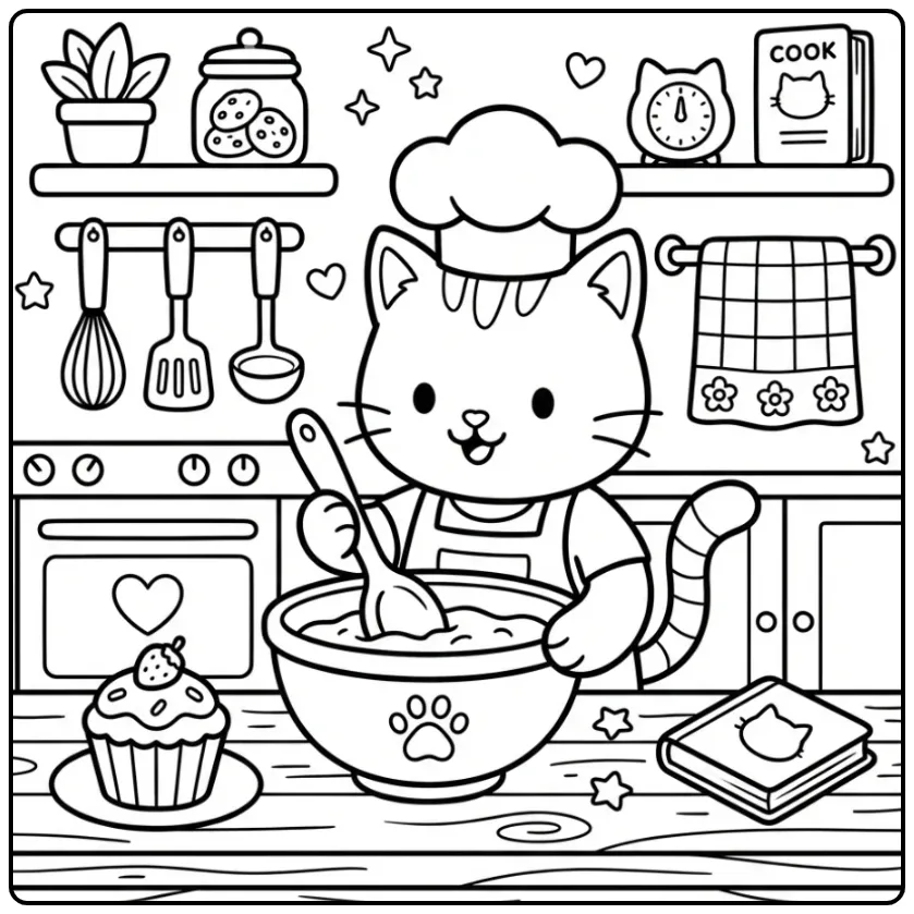 Leuke kleurplaat kat makkelijk van een bakkende kitten chef.