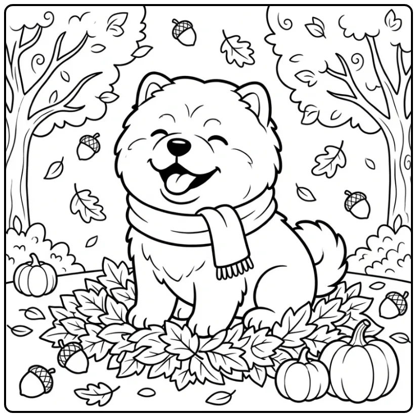 Vrolijke herfst kleurplaat puppy met sjaal en bladeren.