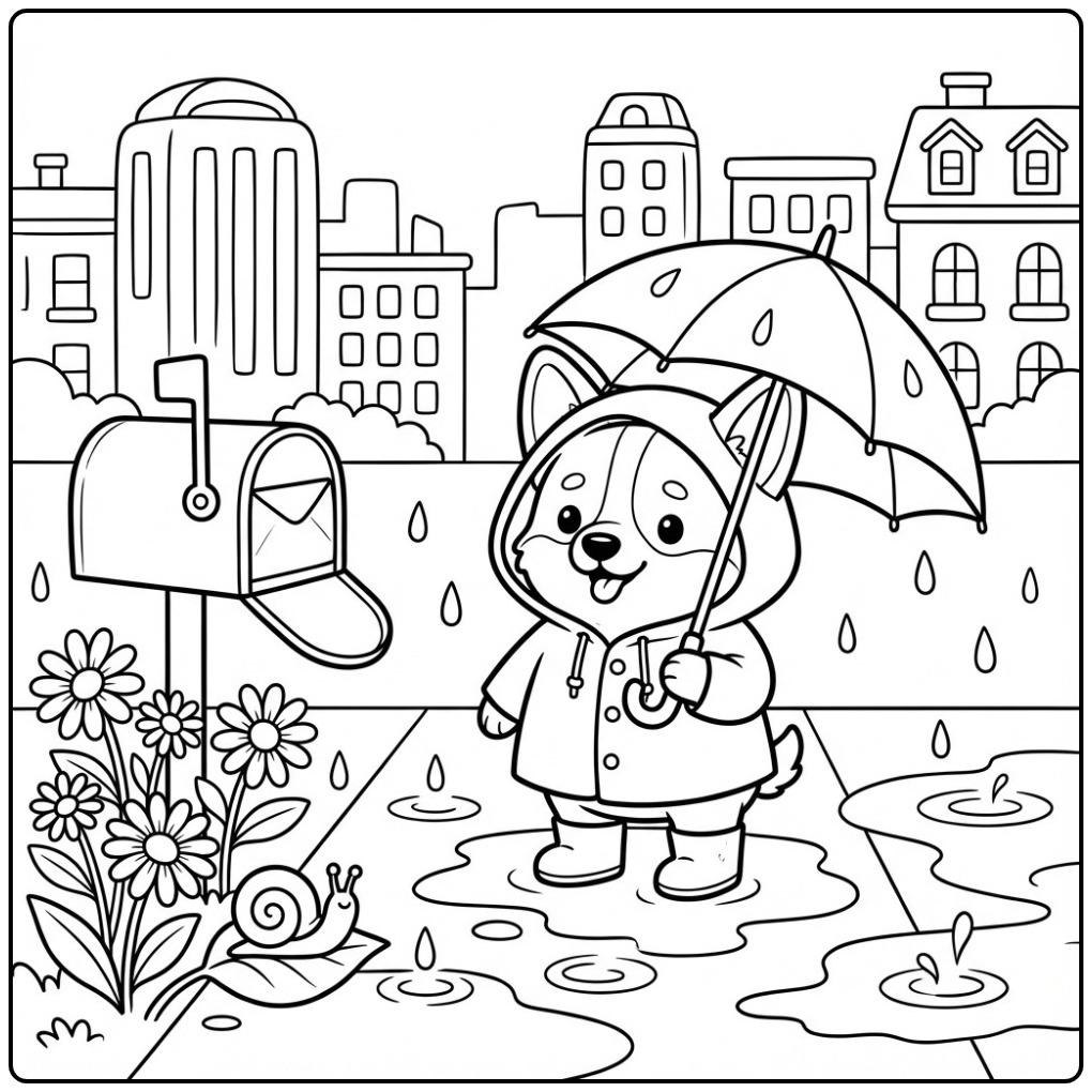 Vrolijke corgi kleurplaat met een paraplu in de regenstad.