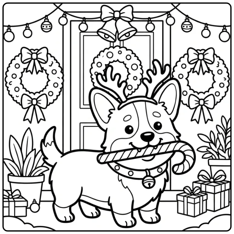 Vrolijke kleurplaat kerst puppy Corgi bij een feestelijke deur