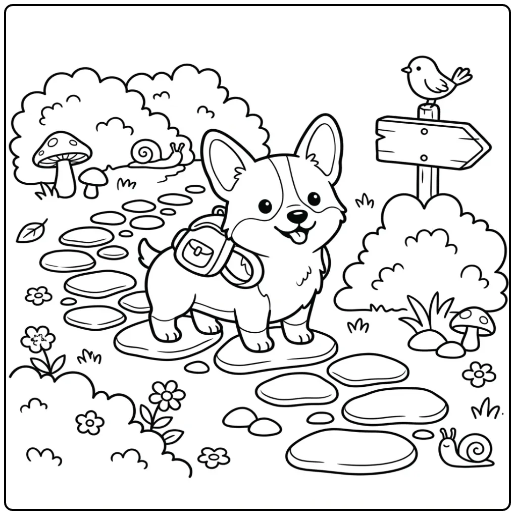 Eenvoudige puppy kleurplaat makkelijk van Corgi op pad