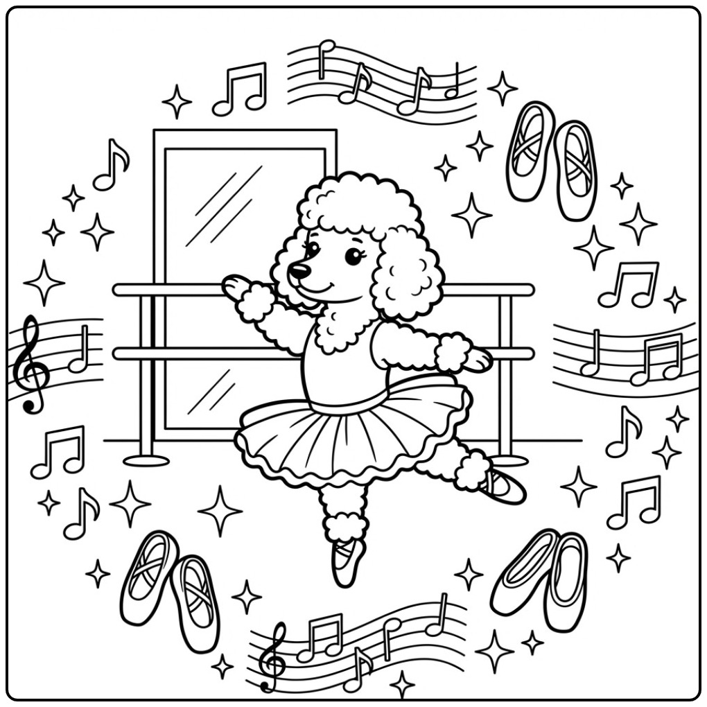 Een vrolijke kleurplaat poedel die danst als een ballerina.