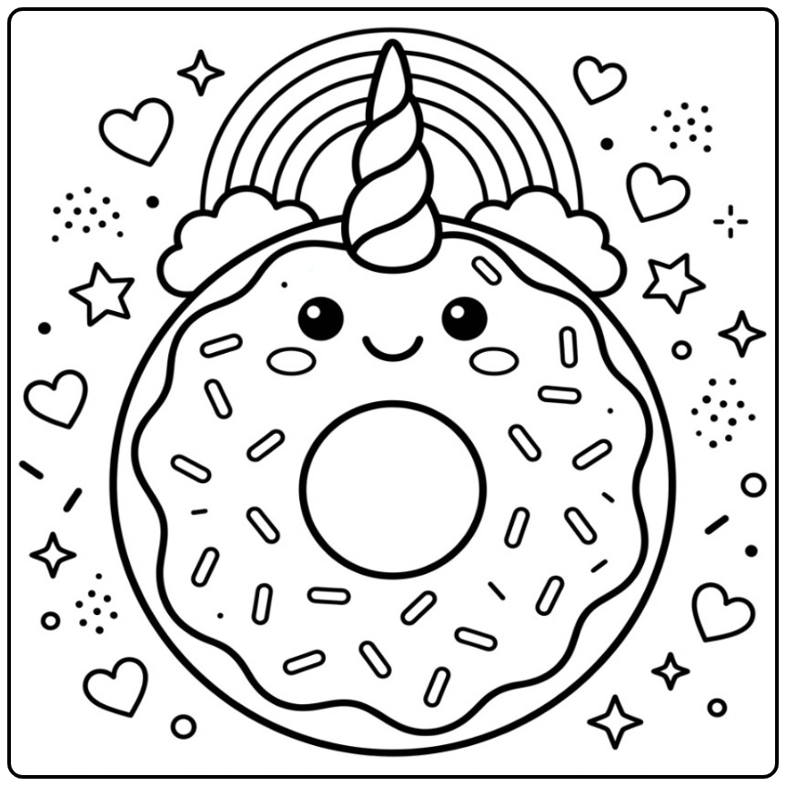 Vrolijke Donut eenhoorn kleurplaat met regenboog en hartjes.