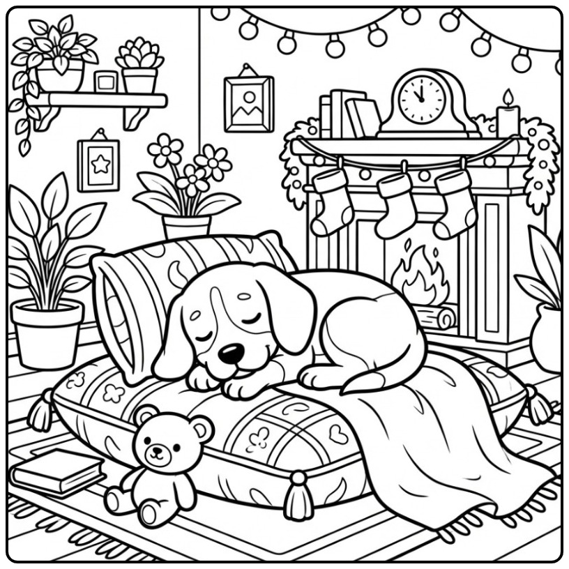 Gezellige kleurplaat beagle puppy slapend bij de open haard.