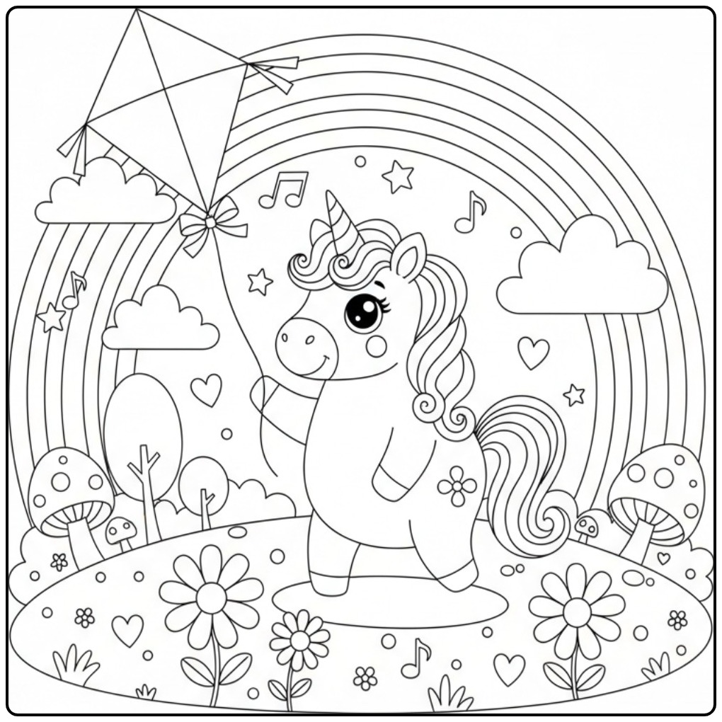 Een vrolijke Schattige eenhoorn en regenboog kleurplaat.