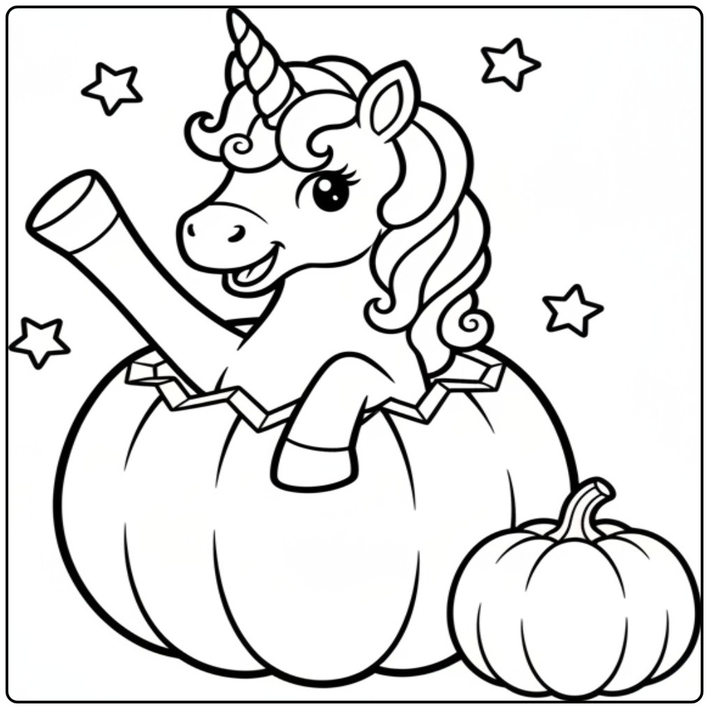 Eenhoorn springt uit een pompoen, unicorn halloween kleurplaat.