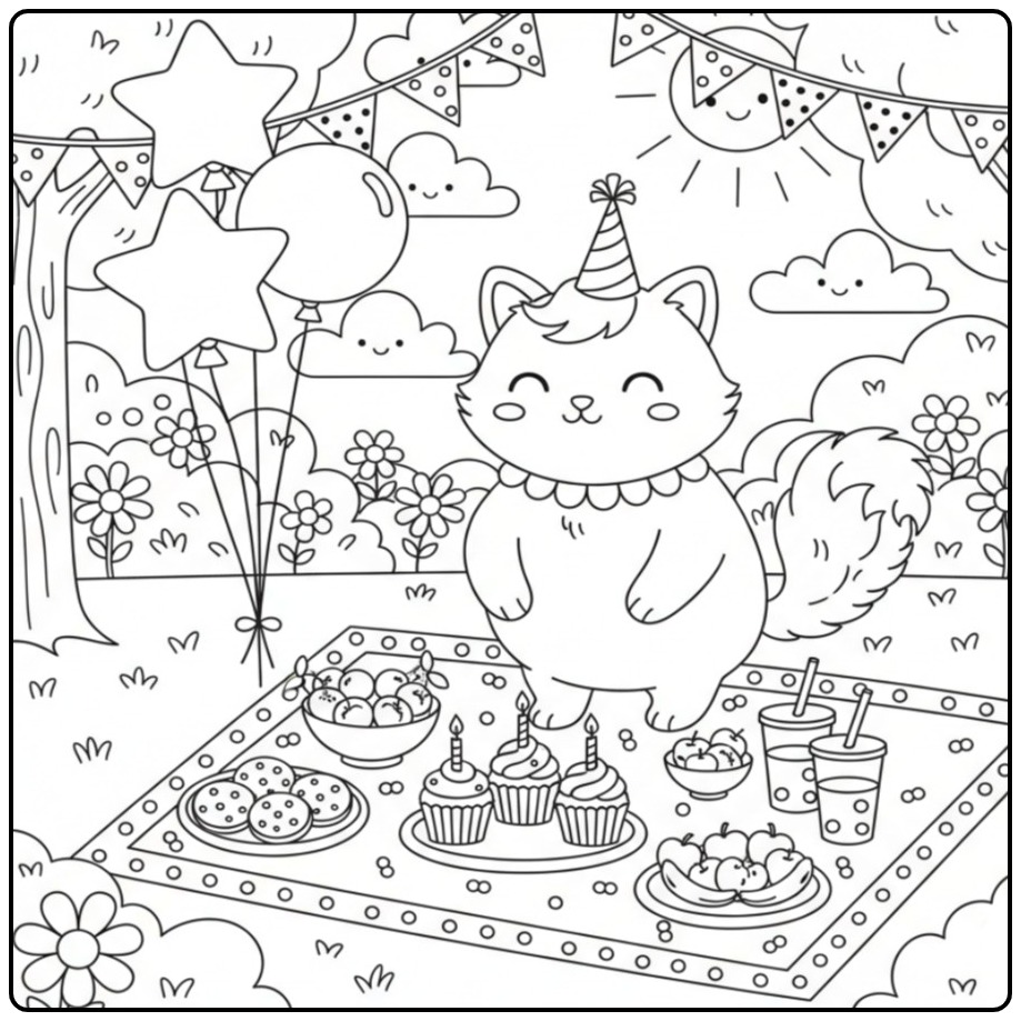 Een blije Eenhoorn kat Verjaardags Kleurplaat met ballonnen.