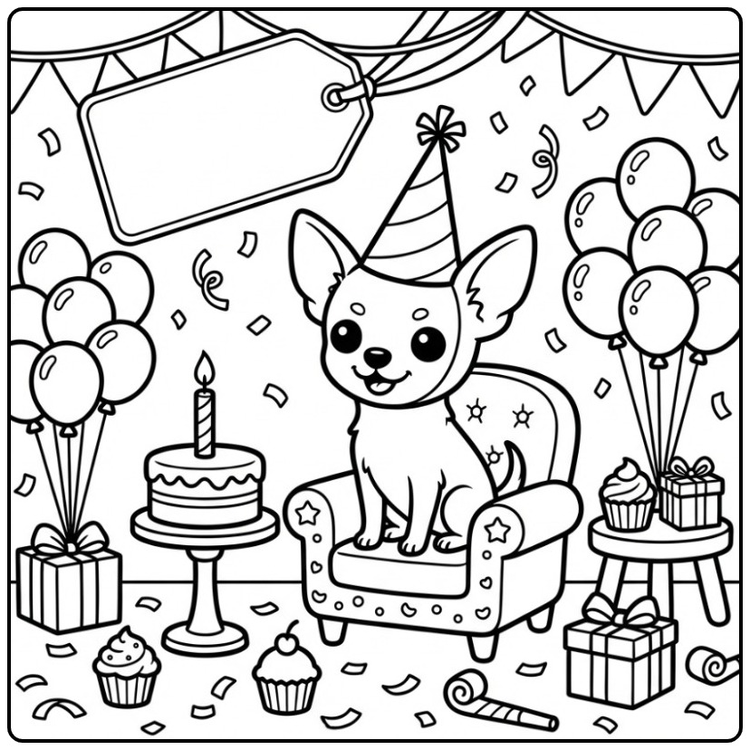 Chihuahua met feesthoed op een stoel, kleurplaat hond verjaardag.
